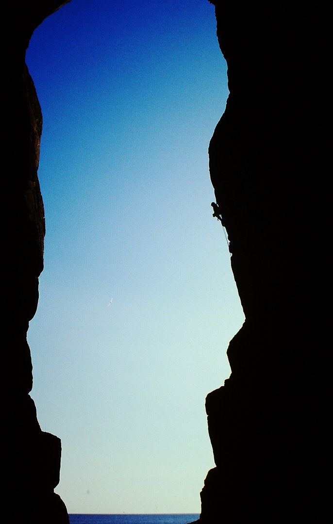 Mark Edwards on the first ascent of Eat 'Em and Smail, E6 7a, near Land's End, Cornwall. Photo by Rowland Edwards.