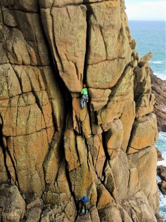 Rock climbing Sea Horse, HVS at Chair Ladder near Porthcurno and Land's End. Cornwall's best climbing on the granite sea cliffs 