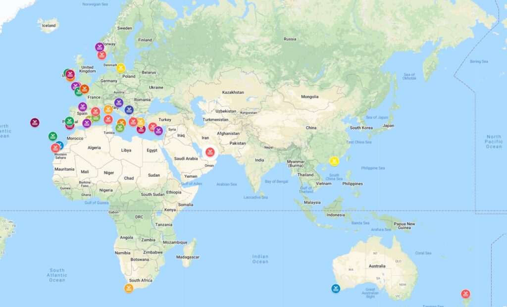 World map showing locations for coasteering in the UK, Scotland, Ireland and across Europe and beyond.