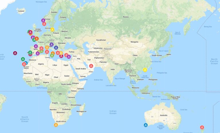 World map showing locations for coasteering in the UK, Scotland, Ireland and across Europe and beyond.