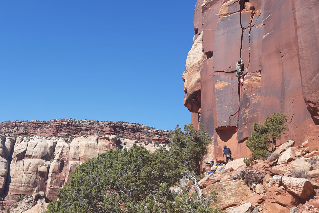 Climber crack climbing at Indian Creek, Utah, placing trad gear on a sandstone wall