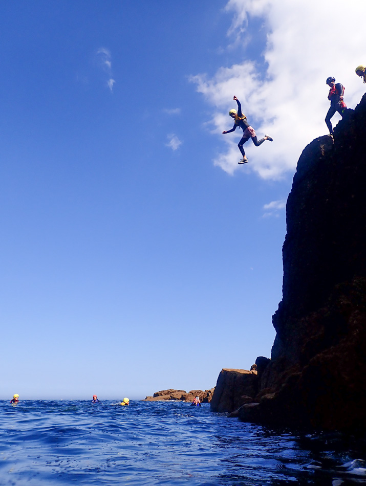 Alternate view of jump from offshore sea stack into fast-moving tidal channel
