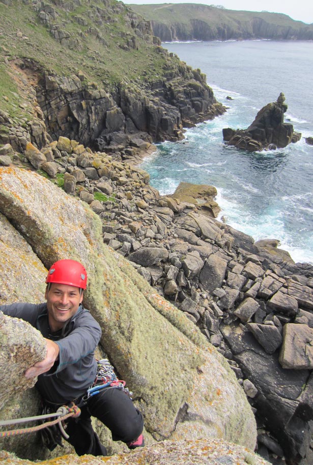 Mid-pitch on Dolphin Cracks with views of the Irish Lady sea stack and Land’s End behind.