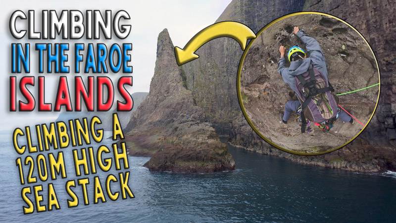 Climber ascends a steep Faroe Islands sea stack with ropes, highlighted by an inset magnifier