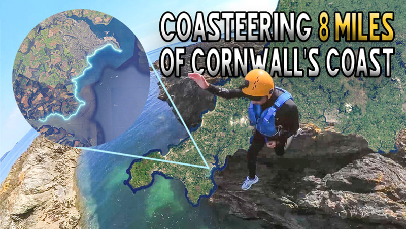 Coasteerer jumping from cliffs overlaid on a satellite map of Cornwall's coast from Helford to Falmouth