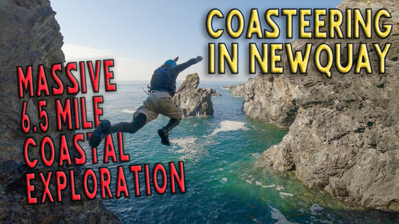 Person jumping into a narrow cove surrounded by rugged cliffs on the Newquay coast, with bold title text overlay