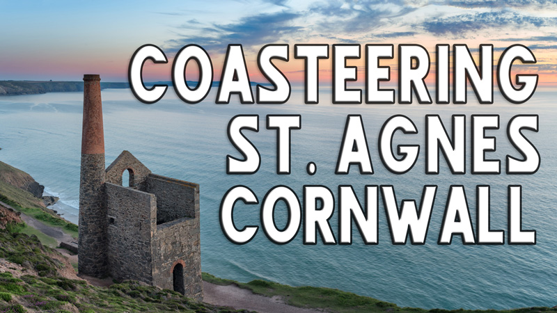 Wheal Coates engine house at sunset overlooking dramatic Cornish cliffs and sea, with bold text overlay