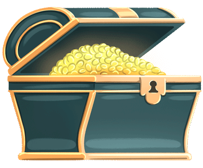 Treasure chest overflowing with gold coins – cartoon style, teal and gold